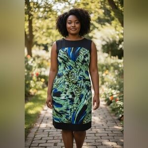 Liz Claiborne Black and Green Abstract Midi Dress
